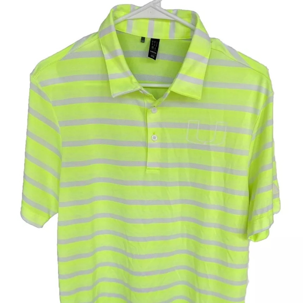 Miami Hurricanes Adidas Striped Logo Golf Polo Shirt Sz M Neon Grn Light Purple